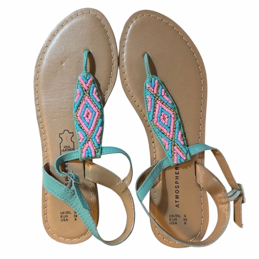 Atmosphere  Beaded T-Strap Sandal with Adjustable Ankle Strap